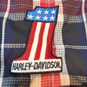 Harley Davidson Red White Blue Plaid #1 Patch Button Up Short Sleeve XXL Reg.